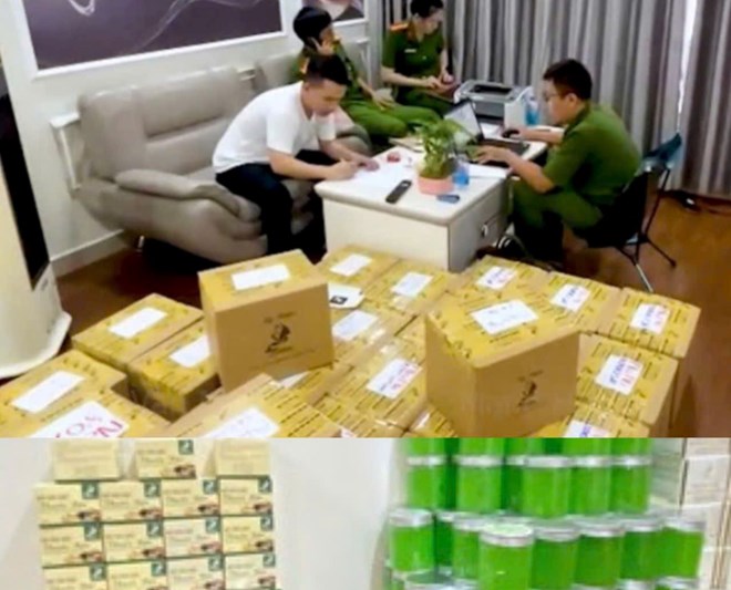 Khanh Hoa 지방 경찰은 Nha Trang에서 대규모 가짜 징후가 있는 화장품 생산 시설을 검사하여 발견했습니다. 사진: Phuong Linh