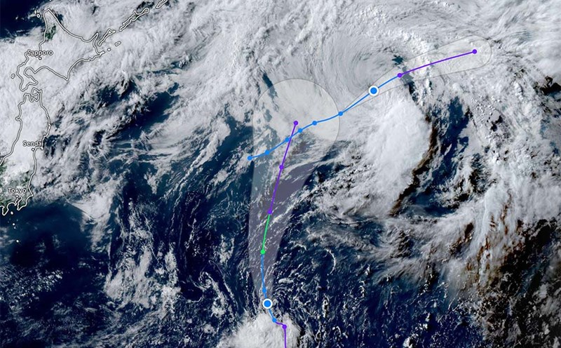 Tropical depression 15W (bottom) is forecast to strengthen rapidly, heading towards storm Bailu (above) which has weakened into a tropical depression. Photo: JMA