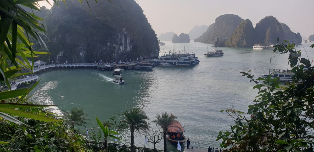 旅行船は観光客を連れて、ハングベイのソン・ソット洞窟を訪れます。写真：Nguyen Hung