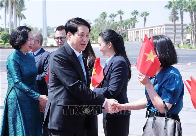 Le tien Uy vien Bo Chinh tri, Chu tich nuoc Luong Cuong va Phu nhan tai san bay quoc te Cairo, Ai Cap, ngay 6.8.2025. Anh: TTXVN