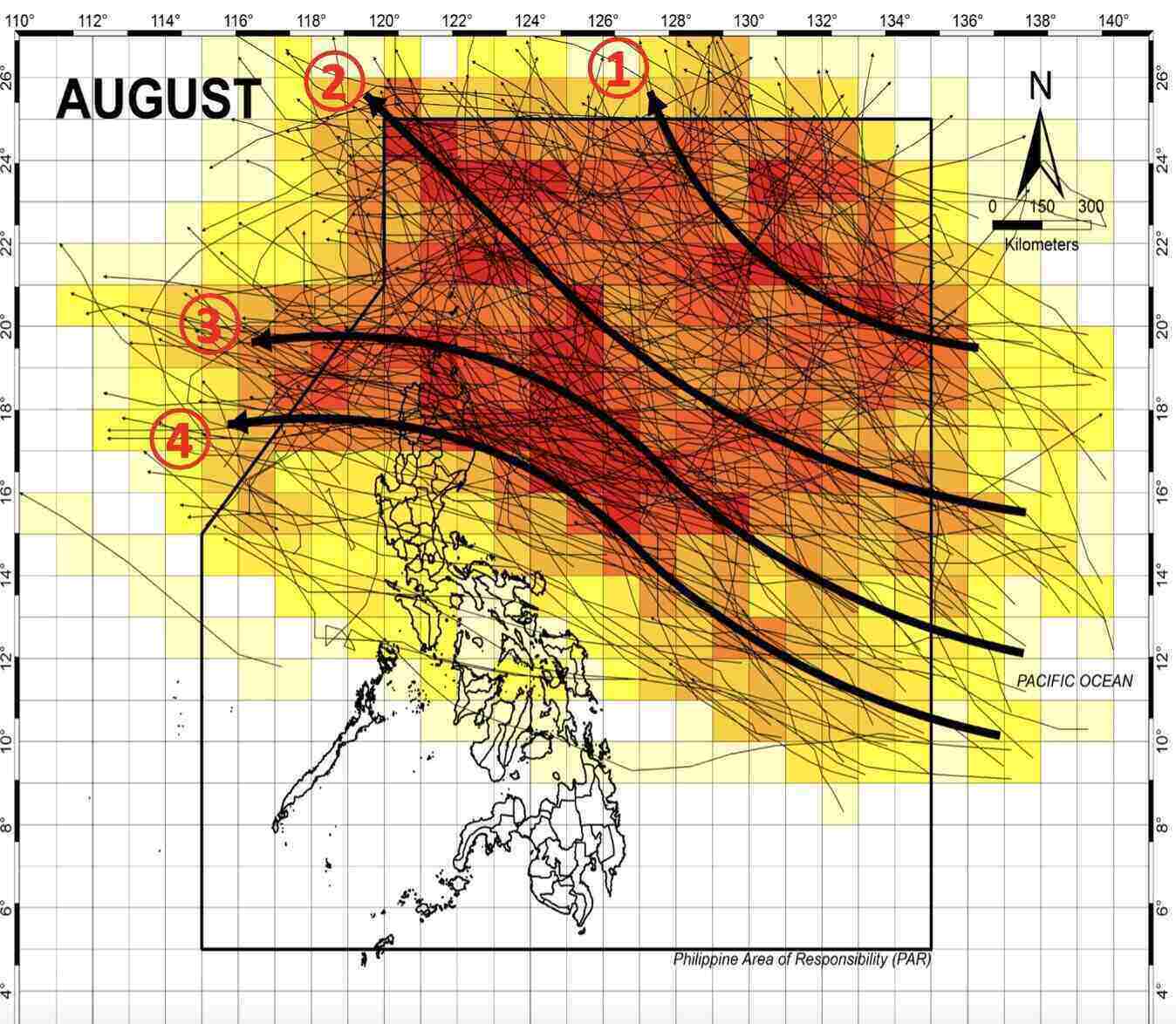 Bao hoac ap thap gan Philippines trong thang 8 se co 4 huong di chuyen, trong do co the di vao Bien Dong co the anh huong toi Viet Nam. Anh: PAGASA