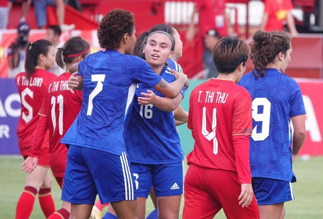 필리핀 여자 대표팀이 2025년 동남아시아 여자 축구 선수권 대회에 출전했습니다. 사진: 응우옌당