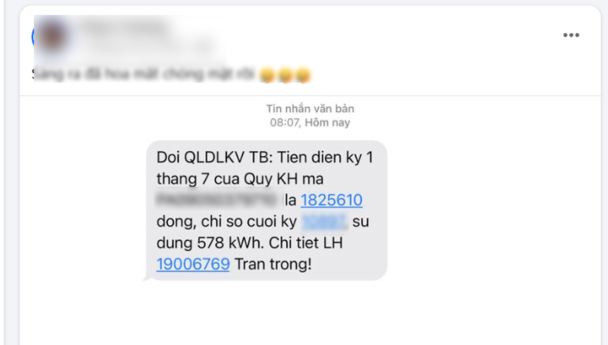 Bài viết một người dân đăng tải trên mạng xã hội về tiền điện tháng 7. Ảnh: Chụp màn hình
