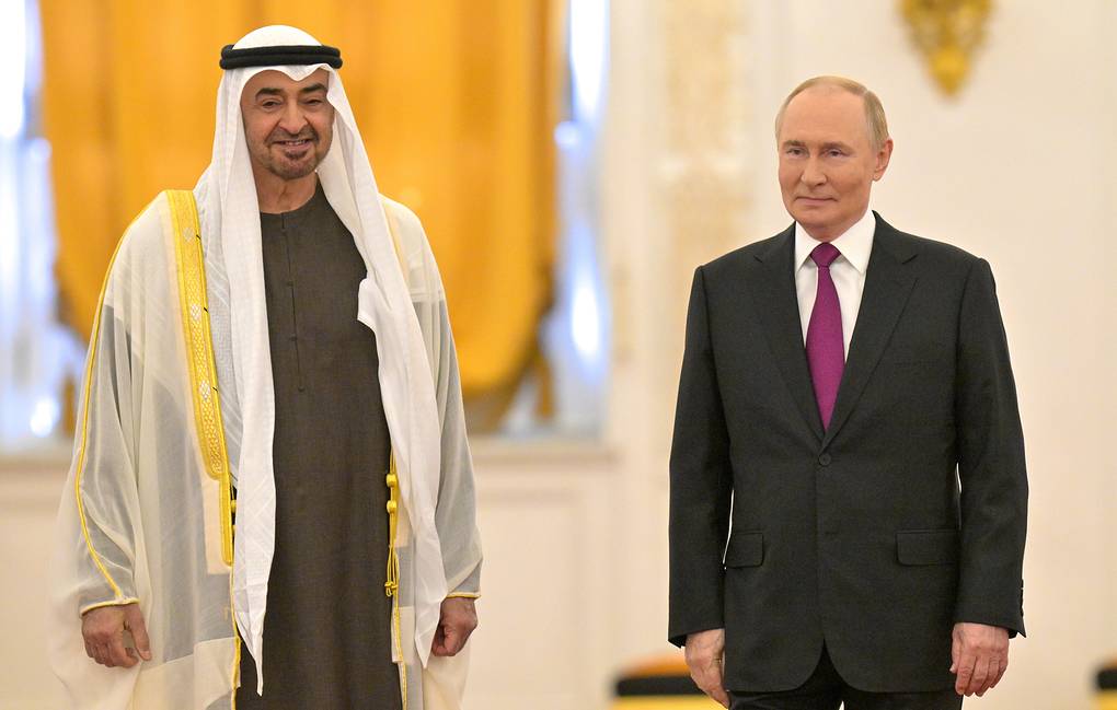 Russian President Vladimir Putin welcomed UAE President Mohamed bin Zayed Al Nahyan to the Kremlin on August 7, 2025. Photo: Kremlin/TASS