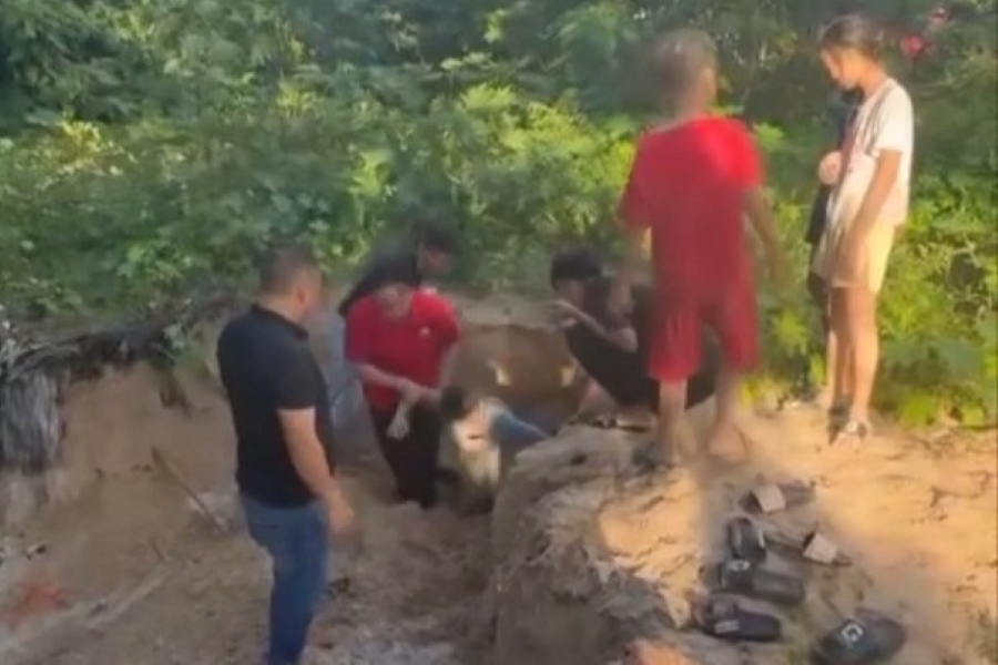 ティ・ホン運転手が他の人と一緒に子供を砂の山から救出した瞬間。写真:住民提供