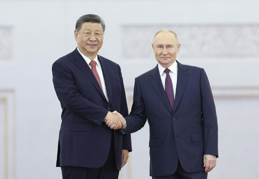 Russian President Vladimir Putin welcomed General Secretary and President of China Xi Jinping at the Kremlin, May 8, 2025. Photo: Xinhua
