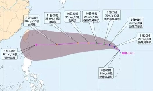 Một mô hình dự báo đường đi của bão Podul. Ảnh: Trung tâm Khí tượng Quốc gia Trung Quốc (CMA)