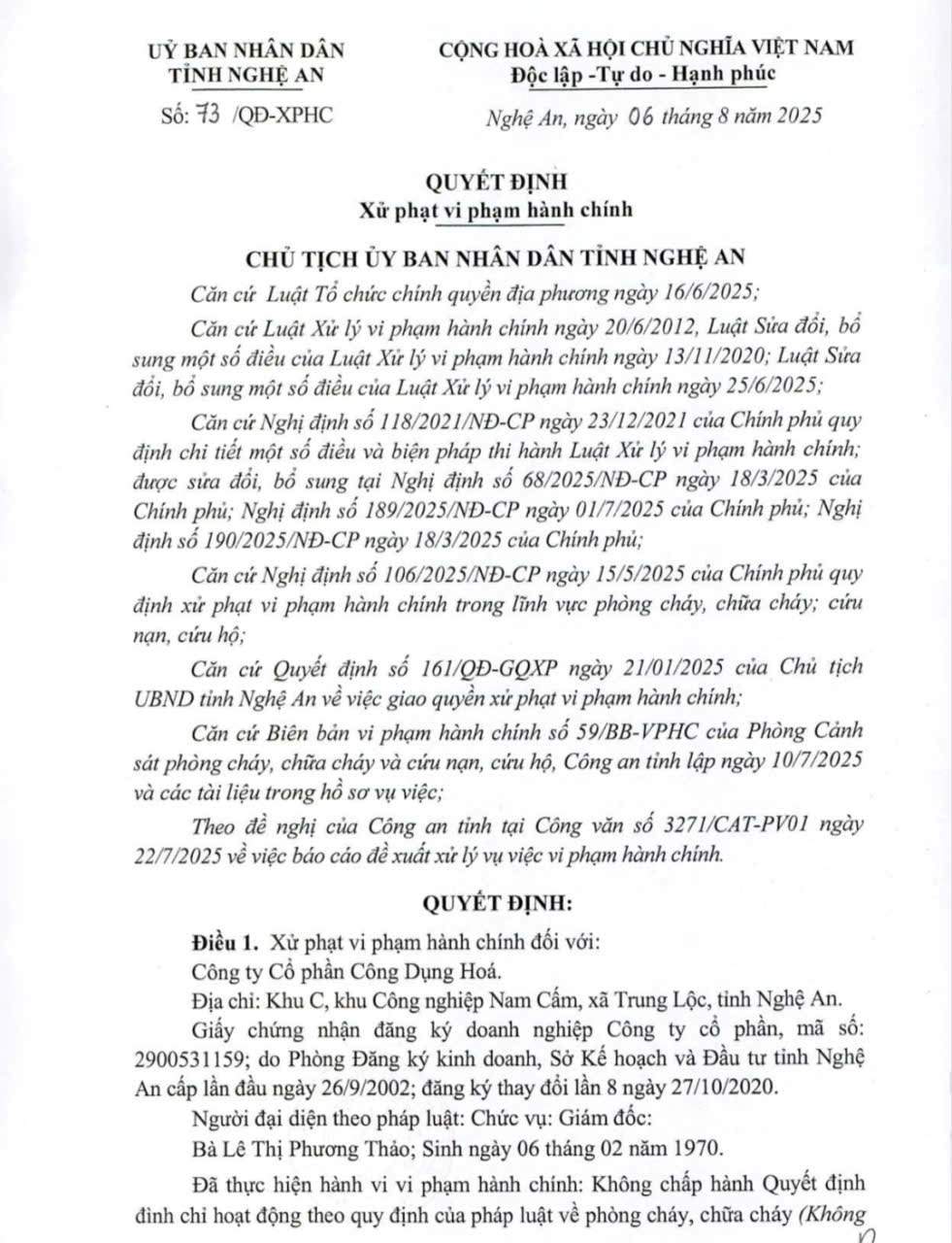 Cong Dung Hoa Joint Stock Company was fined VND50 million for not complying with the decision to suspend operations. Photo: Ngoc Anh