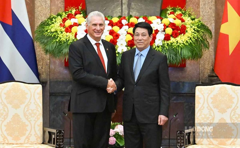 Politburo member and President Luong Cuong and First Secretary and President of Cuba Miguel Diaz-Canel Bermudez. Photo: Hai Nguyen