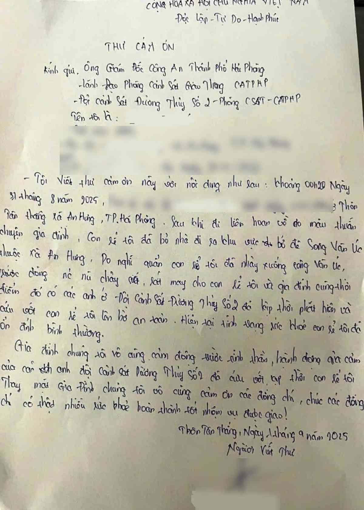 Lettre de remerciement de M. N.V.T le pere de M. T.V.T. Photo : Police de la ville de Hai Phong