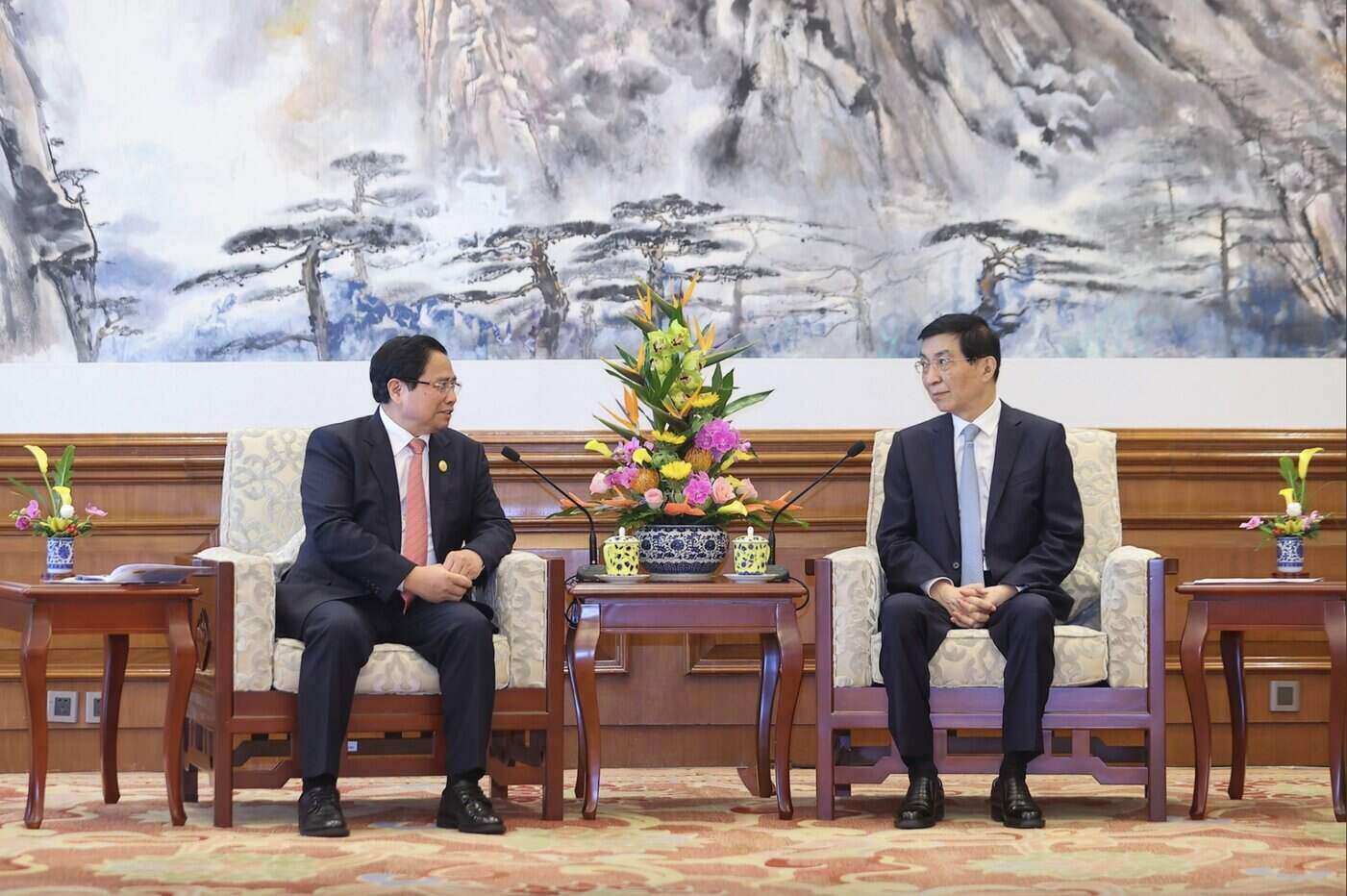 Politburo member and Prime Minister Pham Minh Chinh met with Mr. Vuong Ho Ninh - Politburo member and Chairman of the National Political Committees of China. Photo: VGP