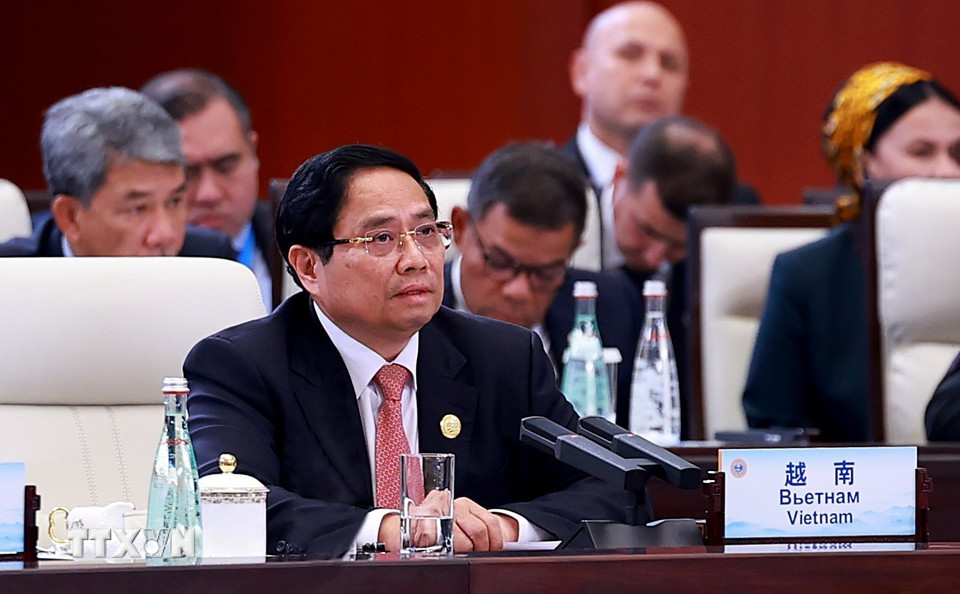 Politburo member and Prime Minister Pham Minh Chinh spoke at the Shanghai Cooperation Organization (SCO) Summit, affirming that Vietnam highly appreciates its role and supports the enhancement of cooperation between the SCO and international and regional organizations. Photo: VNA
