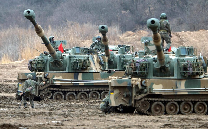 K9 self-propelled artillery in a joint exercise between South Korea and the US in Paju, South Korea. Photo: Xinhua