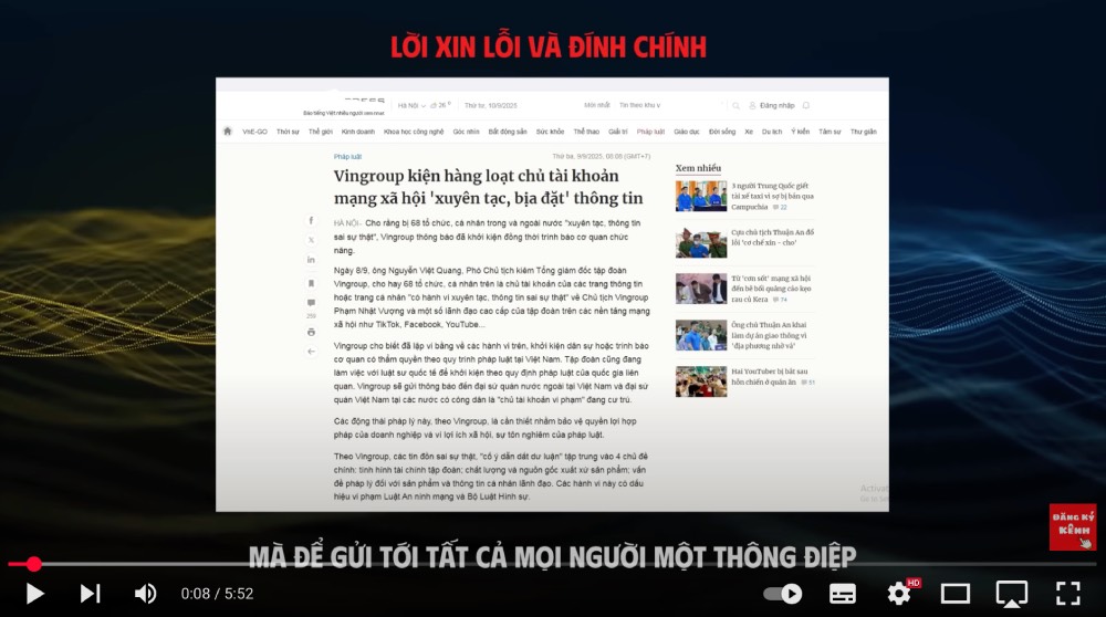 La chaîne BLV D.C BDS (avec plus de 74 000 abonnes) a publie une video avec le contenu 'Dinh chinh' et des excuses. Capture d'ecran