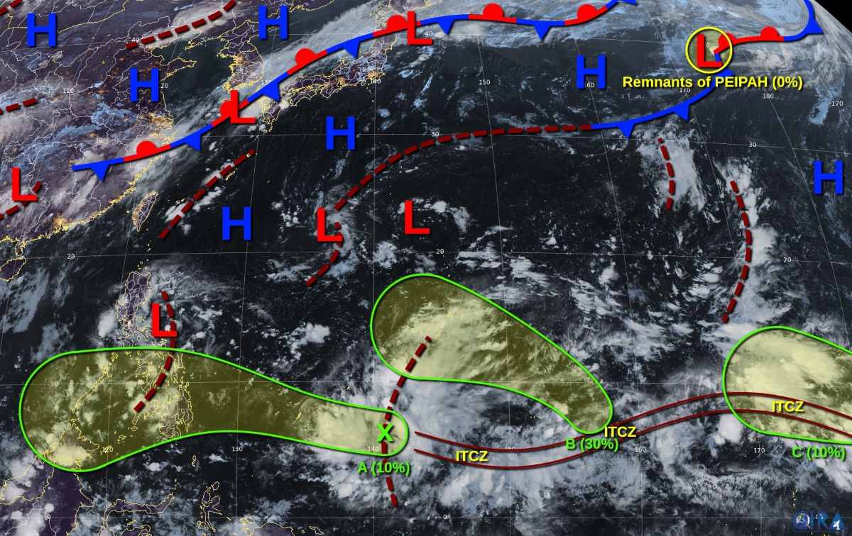 Zonas de congestion y probabilidades de intensificacion a baja presion/tormenta en el noroeste del Pacifico el 9 de septiembre de 2025. Foto: JTWC