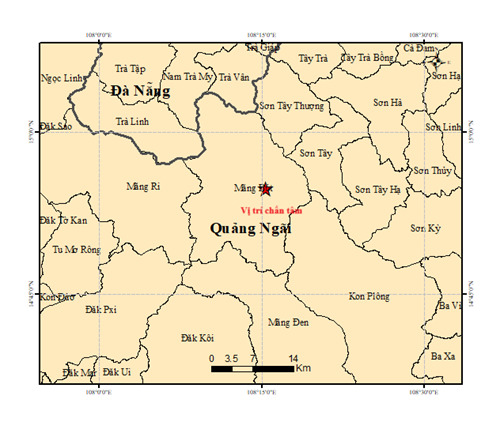 Quang Ngai省のMang But村の地震の中心位置。写真:地球物理研究所