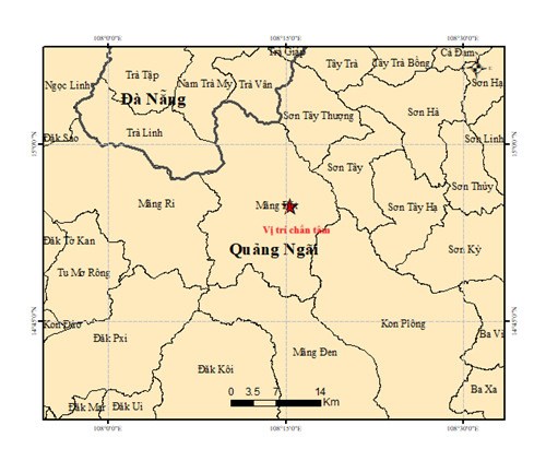 꽝응아이성 망붓브라 코뮌의 지진 진앙 위치. 사진: 지구물리학 연구소