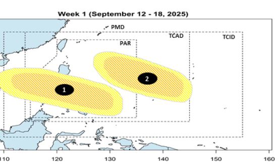 Du bao huong di cua 2 ap thap gan Philippines trong tuan tu ngay 12-19.9.2025, trong do ap thap 1 co kha nang tro thanh bao Mirasol. Anh: PAGASA