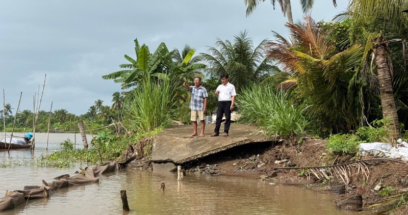 Fish ponds, fruit gardens and people's assets are at risk of being lost due to landslides along the Mang River dike. Photo: Hoang Loc