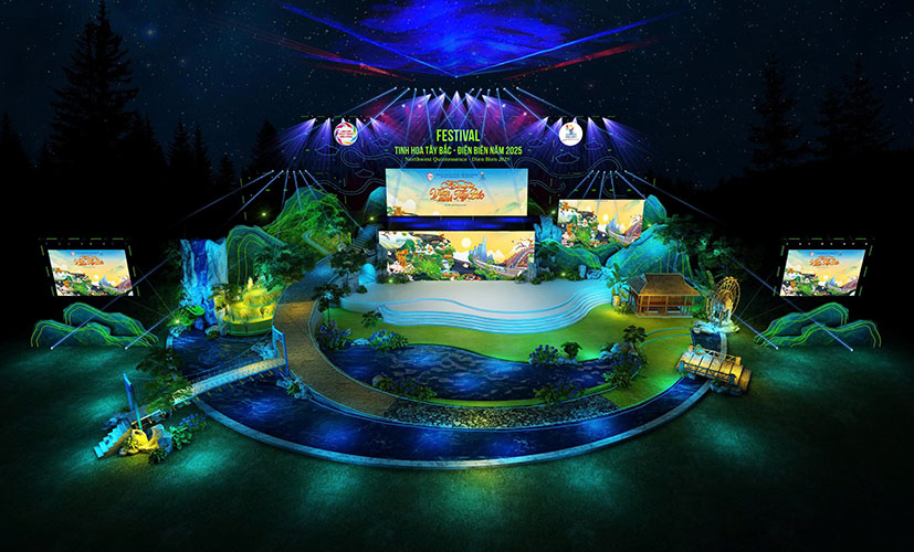Phoi canh san khau Le khai mac Festival Tinh hoa Tay Bac - Dien Bien 2025. Anh: Ban to chuc cung cap