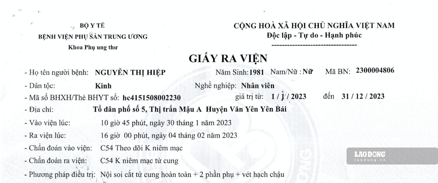 Bệnh án của chị Nguyễn Thị Hiệp. Ảnh: Bảo Nguyên
