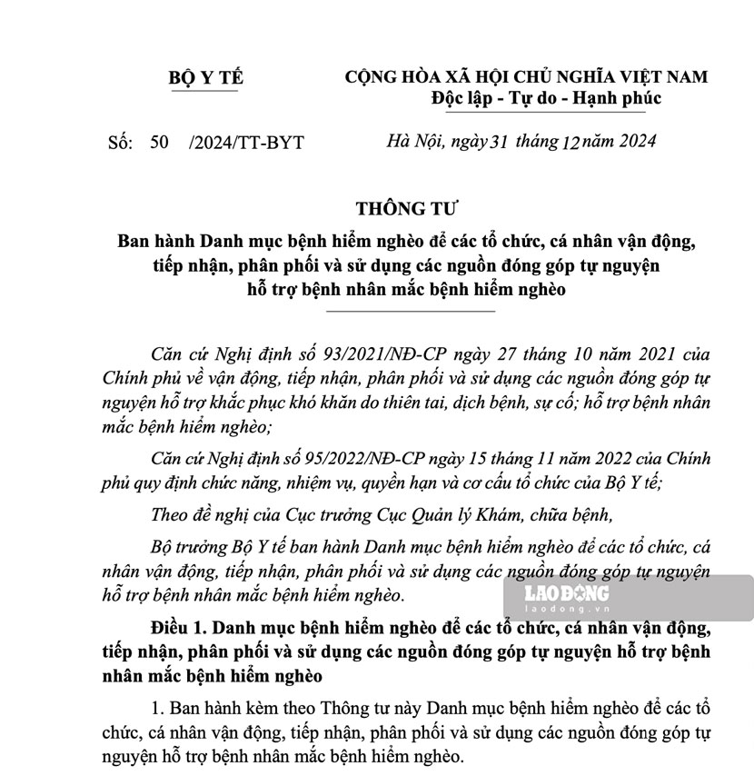 Thông tư 50 của Bộ Y tế Ban hành Danh mục bệnh hiểm nghèo để các tổ chức, cá nhân vận động, tiếp nhận, phân phối và sử dụng các nguồn đóng góp tự nguyện hỗ trợ bệnh nhân. Ảnh: Bảo Nguyên