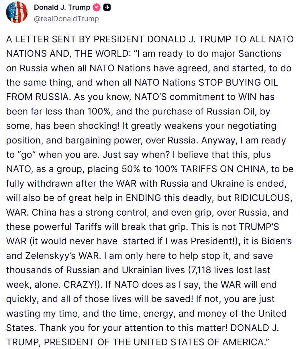 Buc thu ong Trump gui toan bo cac nuoc NATO va toan bo the gioi, dang tren Truth Social ngay 13.9