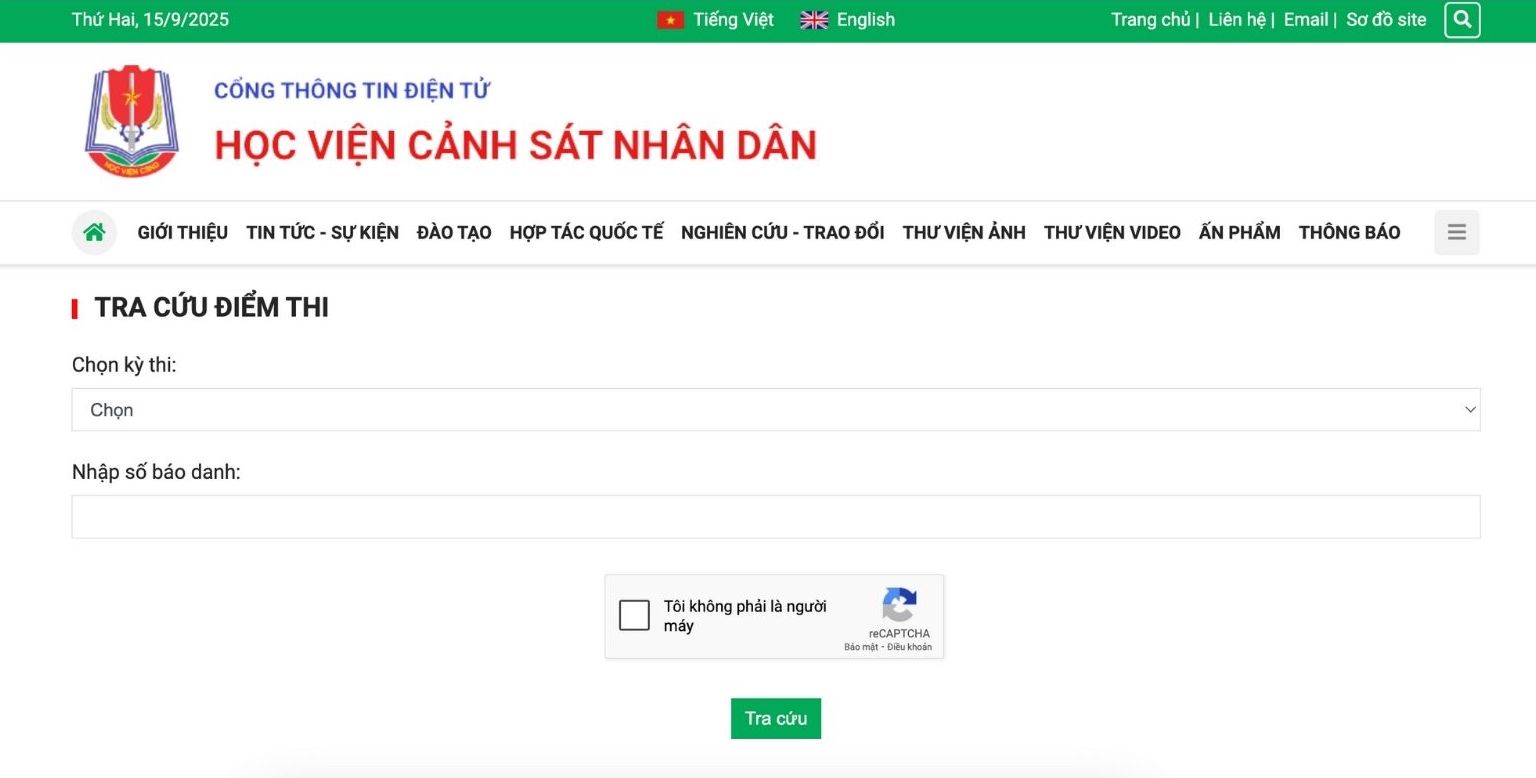 Giao dien link tra cuu diem thi. Anh: Hoc vien Canh sat nhan dan