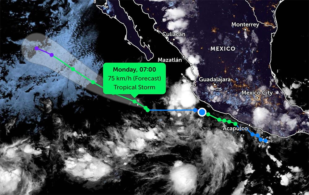 Pronostico de la direccion de la tormenta tropical Mario (pista verde) en la costa de Mexico despues de que los restos revivan. La tormenta continuara moviendose en direccion noroeste en el noreste del Pacifico. Foto: NHC