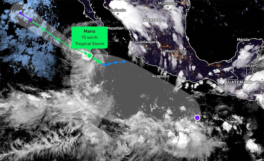 Du bao vung anh huong cua ap thap (cham mau tim) noi tiep duong di cua bao Mario (cham mau xanh). Anh: NOAA