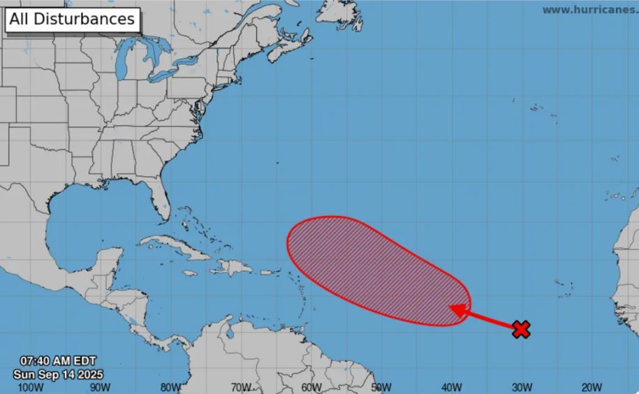 Ubicacion de la zona de congestion que podria convertirse en tormenta Gabrielle el 14 de septiembre de 2025. Foto: NHC