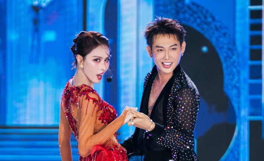 Runner-up Ngoc Hang and dancesport grandmaster Huynh Huy perform at the Miss Grand Vietnam 2025 final. Photo: Organizing Committee