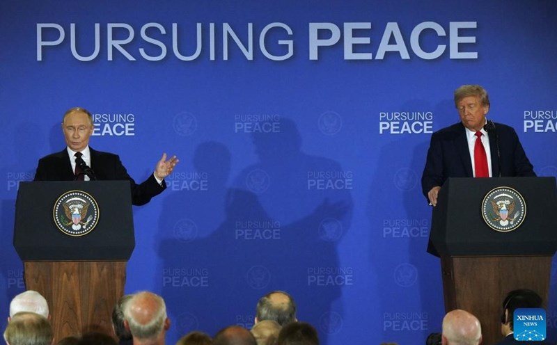 US President Donald Trump (right) and Russian President Vladimir Putin at a joint press conference after talks in Anchorage, Alaska, on August 15, 2025. Photo: Xinhua