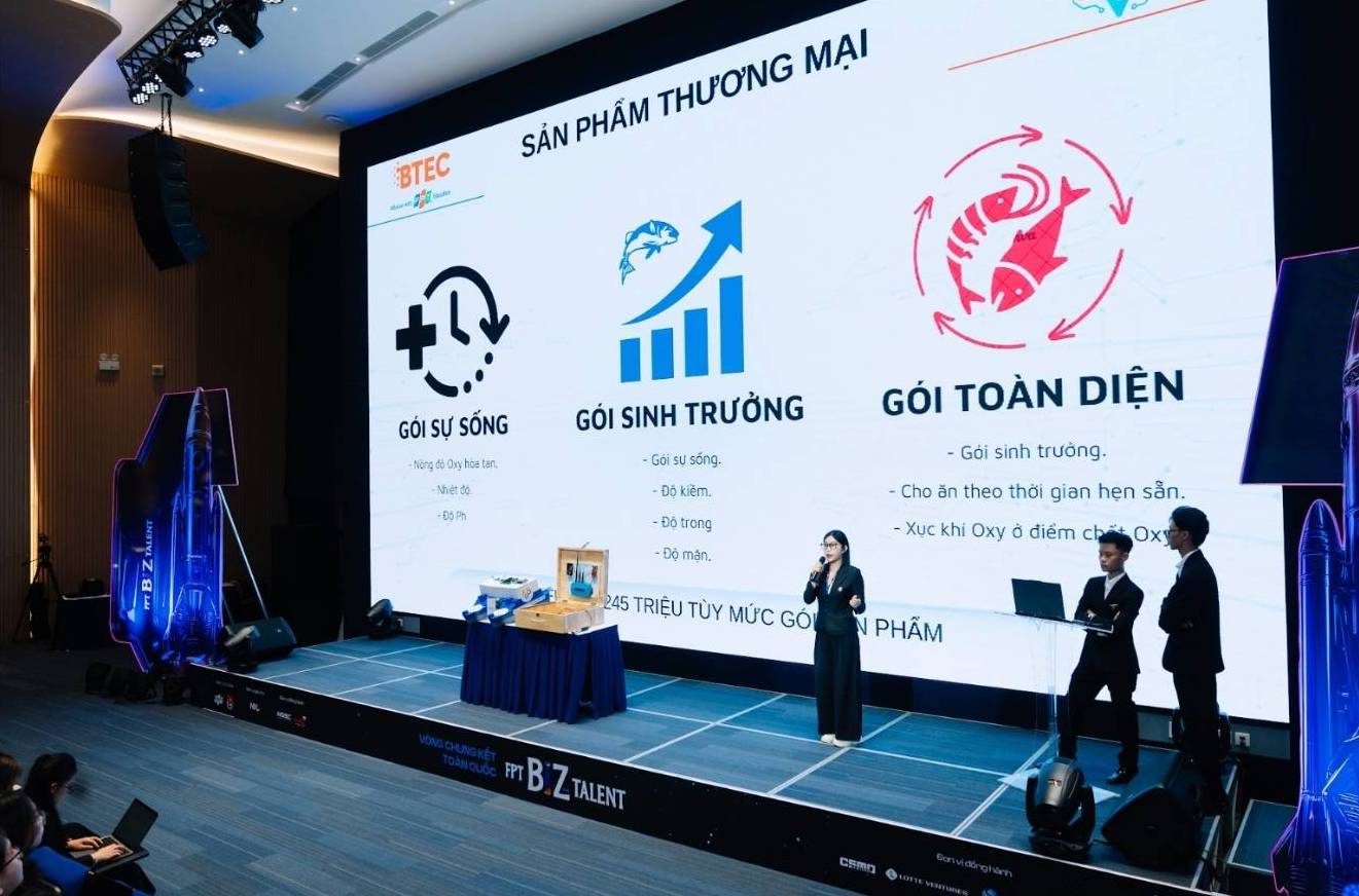 Dai dien xuat sac nhat den tu cac truong tren ca nuoc trinh bay du an khoi nghiep hoan chinh tai vong chung ket FPT Biz Talent 2025. Anh: Ban to chuc 