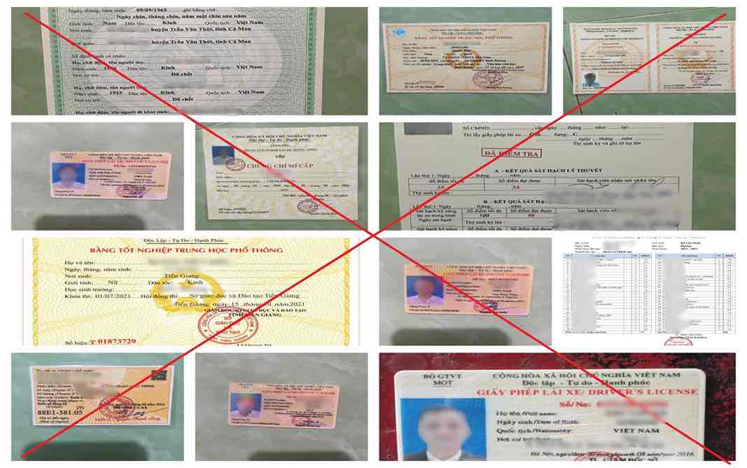 Một số phôi, ảnh các đối tượng đã sử dụng, in ấn thành phẩm trong vụ sản xuất, làm giả, vận chuyển trên 500 loại giấy tờ giả ở Đồng Nai. Ảnh: Công an tỉnh Đồng Nai
