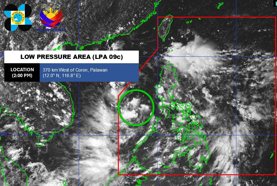 Cập nhật vị trí của áp thấp trên Biển Đông ở khoảng 12 độ Vĩ Bắc - 116,8 độ Kinh Đông. Ảnh: PAGASA