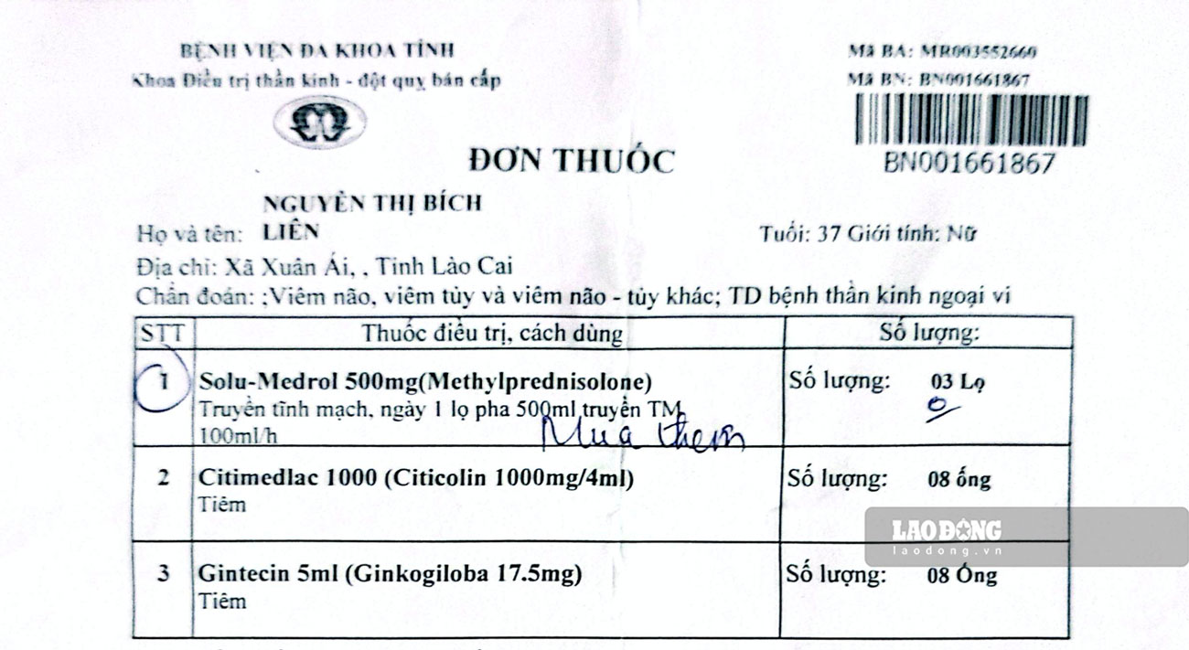 Đơn thuốc của chị Nguyễn Thị Bích Liên. Ảnh: Bảo Nguyên