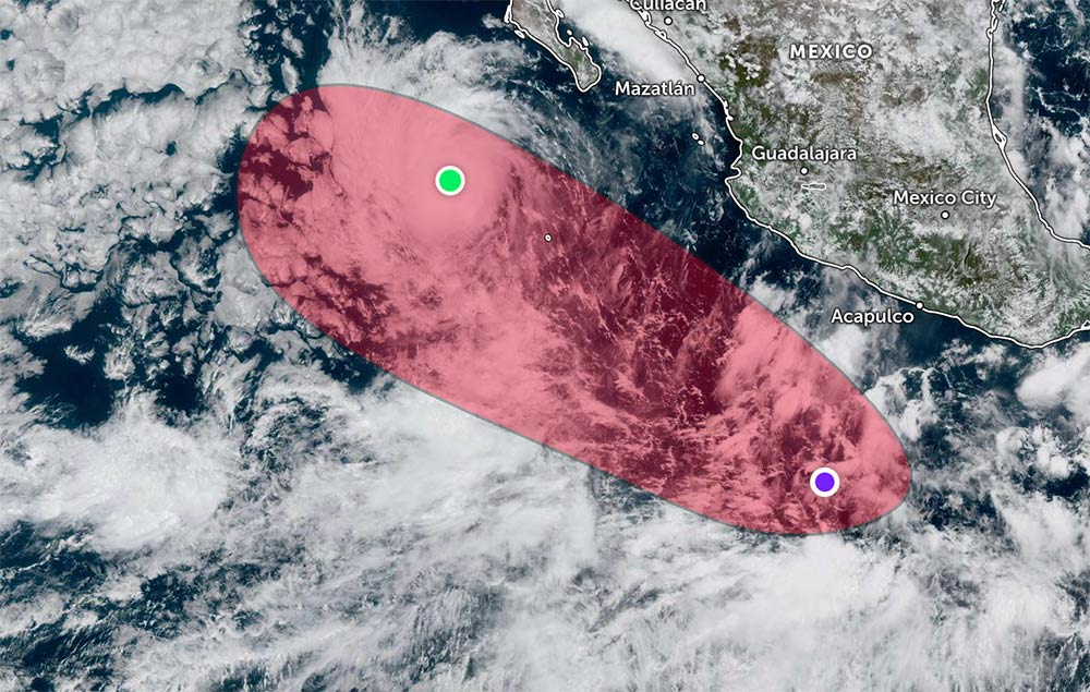 Pronostico de la zona de influencia de la baja presion (flecha morada) hacia el tifon Mario (flecha azul). Foto: NOAA