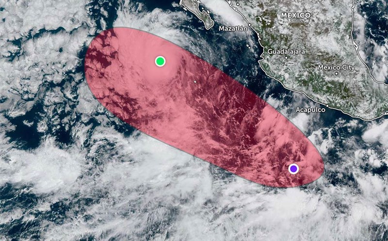 Forecast of the area affected by the low pressure (purple- colorproof) towards storm Mario (blue- colorproof). Photo: NOAA