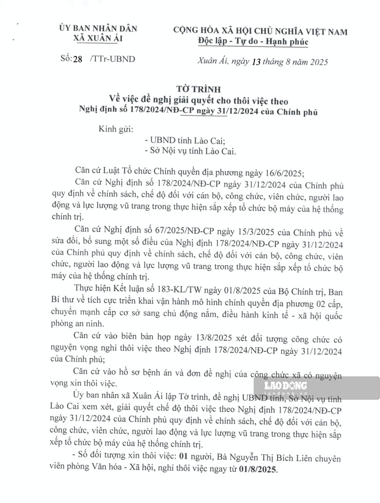 Tờ trình đề nghị giải quyết chế độ nghỉ thôi việc của UBND xã Xuân Ái gửi tỉnh Lào Cai. Ảnh: Bảo Nguyên