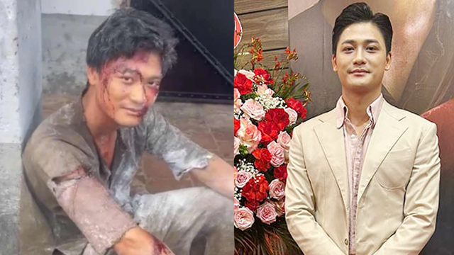 Nguyen Quang Thuan in the backstage of the film (left) and at the premiere (right). Photo: Provided by the film crew