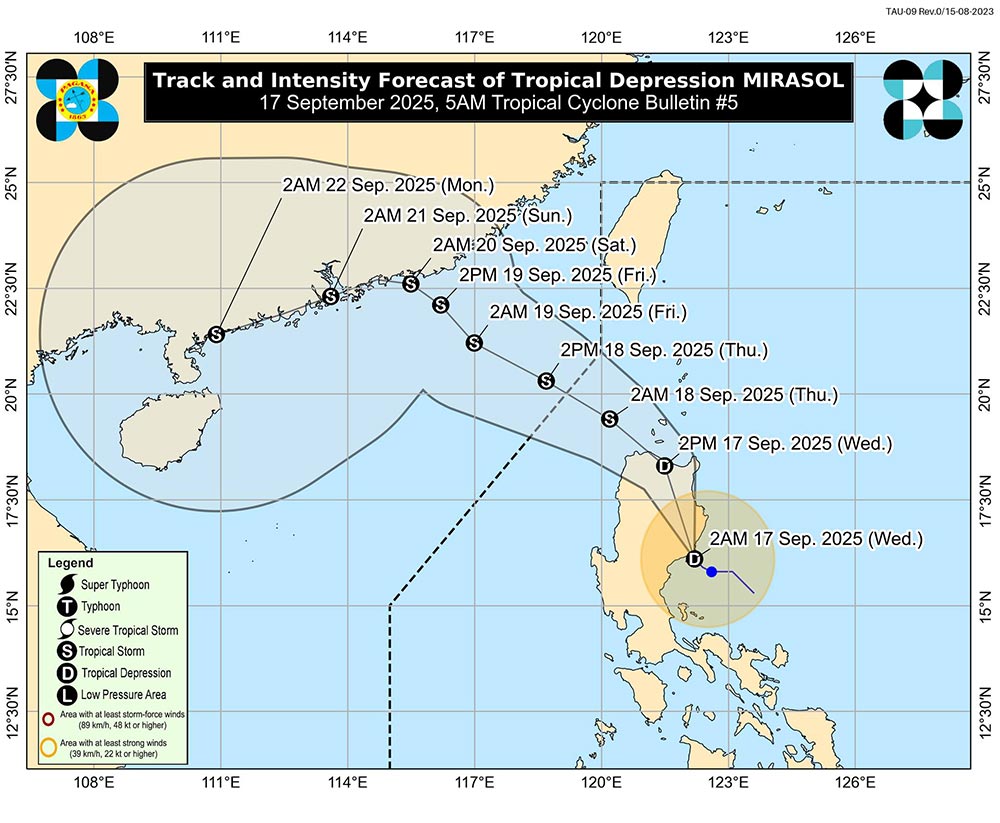 Forecast of the path of storm Mirasol after making its first landfall in the Philippines on the morning of September 17. Photo: PAGASA