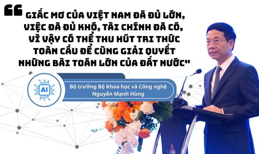 Ủy viên Trung ương Đảng, Bộ trưởng Khoa học và Công nghệ Nguyễn Mạnh Hùng phát biểu về việc thu hút tri thức toàn cầu để cùng giải quyết các bài toán lớn của đất nước. Ảnh: Hạo Thiên