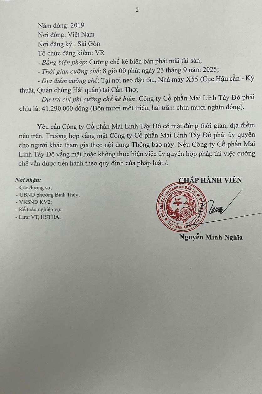 Thong bao ve viec cuong che ke bien tai san. Anh: Ta Quang