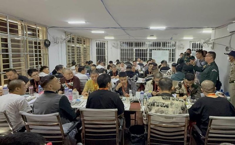 The suspects were arrested in a raid on an online scam in Sen Monorom city, Mondulkiri province, Cambodia, on March 8, 2025. Photo: Cambodian Police