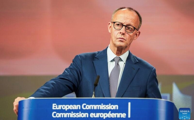 German Chancellor Friedrich Merz attended a press conference in Brussels, Belgium, on May 9, 2025. On September 17, Germany accused Russia of preparing a sabotage plan through air encroachments of NATO countries by Russian UAVs. Photo: Xinhua