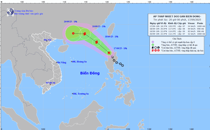 Updated at 8:00 p.m. on September 17 about the location and path of the tropical depression about to strengthen into a storm. Source: National Center for Hydro-Meteorological Forecasting