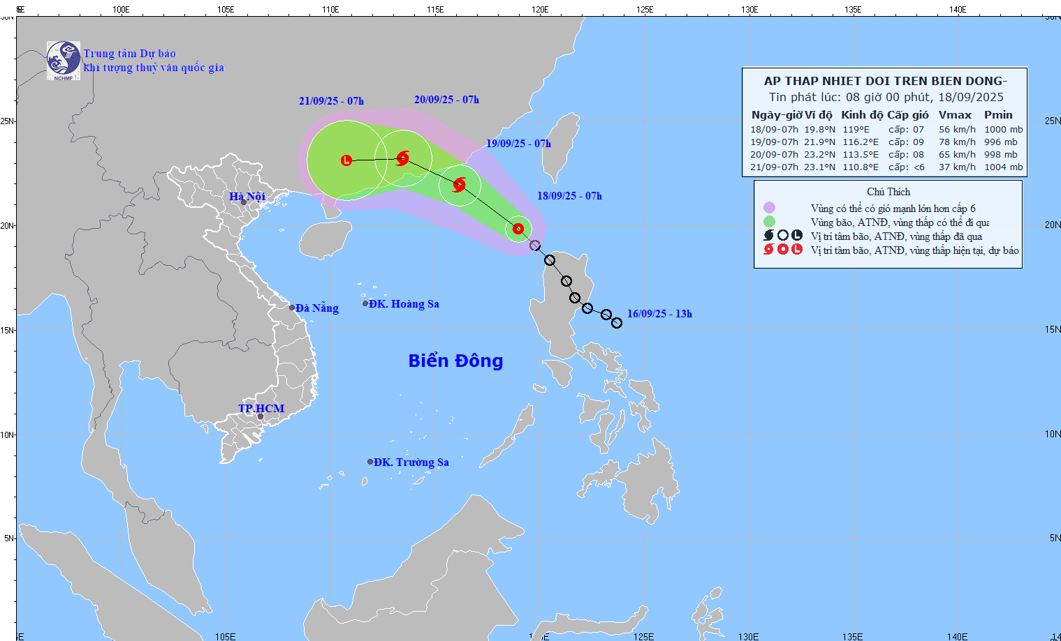 Updated at 8:00 a.m. on September 18 about the location and path of the tropical depression that is likely to strengthen into a storm in the next 24 hours. Source: National Center for Hydro-Meteorological Forecasting