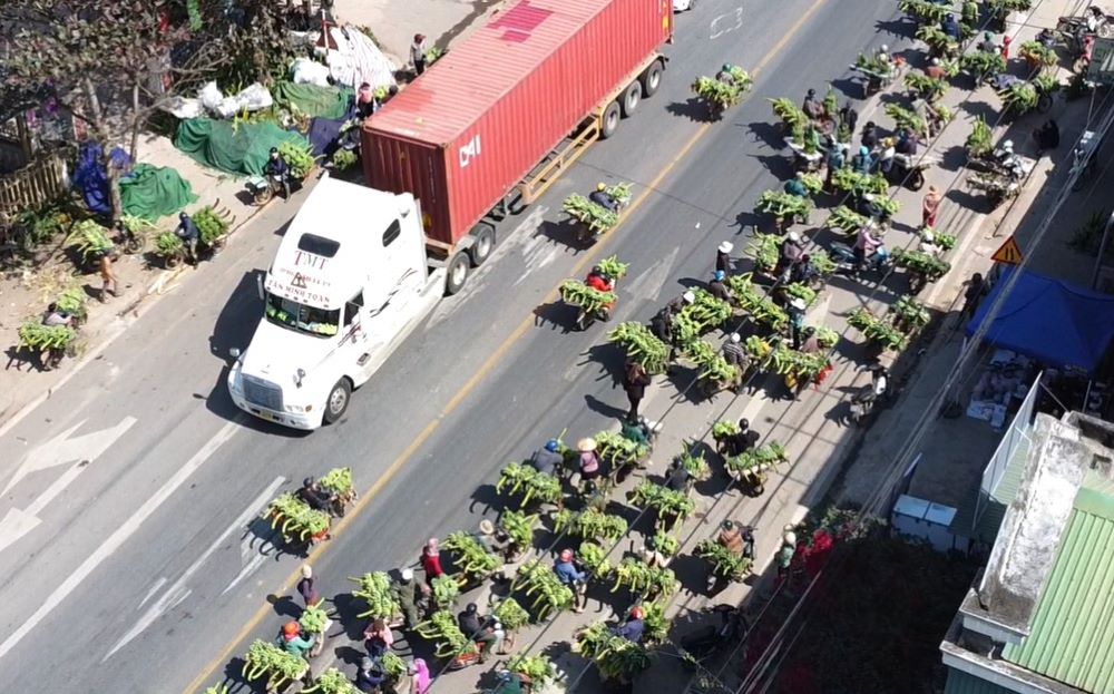 During Tet, the demand for honey-shaped bananas increases, people spill out onto the road to sell bananas, posing a potential risk of traffic accidents. Photo: Hung Tho
