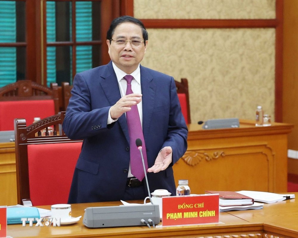 Uy vien Bo Chinh tri, Thu tuong Chinh phu Pham Minh Chinh phat bieu tai buoi lam viec. Anh: TTXVN